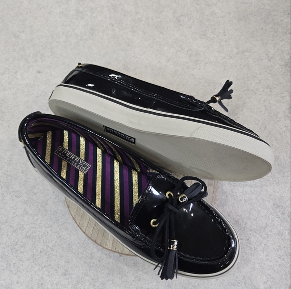 🐢 Sperry Patent Leather Black boat shoes Size 9 super shiny! - Picture 1 of 13